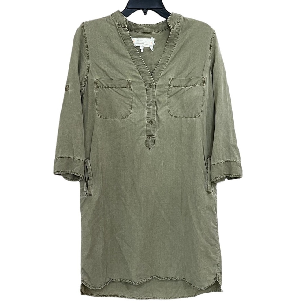 Chambrai Los Angeles Women’s Green V-Neck Shirt Dress XS Knee Length 3/4 Sleeve - Picture 2 of 7